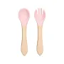 Silicone Baby Dinner Bowl + Wooden Spoon & Fork (Pink)