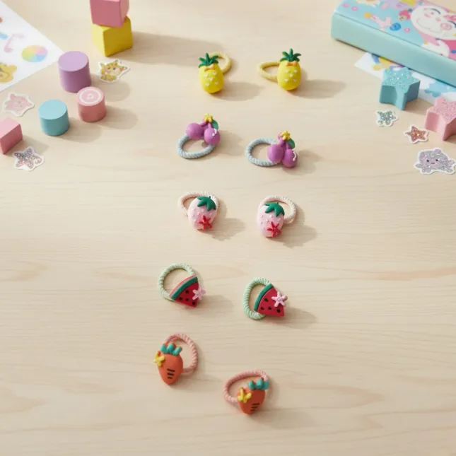 Kids Cherry & Pineapple Fruit Hair Rubber Band Set (10 Pcs)