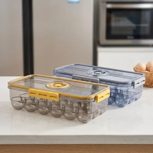 18 Grid Egg Storage Box with Lid & Date Timer – Stackable Clear PET Egg Container for Fridge