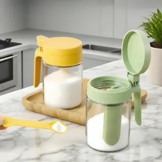 Flip-Top Sealed Glass Seasoning Bottle with Spoon – Moisture-Proof
