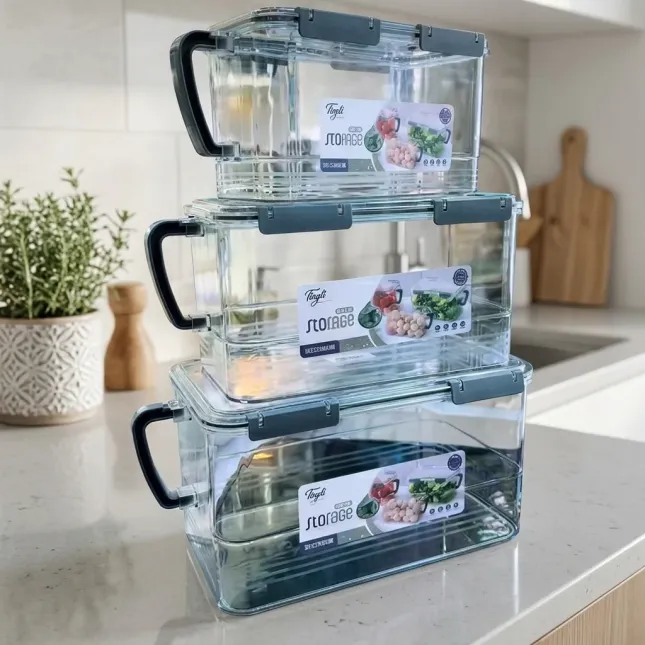 Fridge Food Storage Box with Handle – 4-Side Lock Clear Stackable Container for Vegetables & Fruits