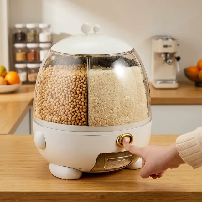 10kg Rotating Rice Dispenser – 5 Compartment 360° Grain Storage Box with One-Click Dispensing & Measuring Cup, Moisture-Proof