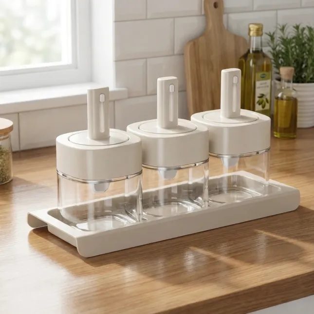 Telescopic Glass Seasoning Jar Set with Spoon and Lid - 3pcs