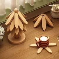Tree Shaped Bamboo Trivet Set – Natural Wood Color Hot Pot Insulation Pad with Base