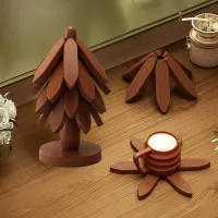 Tree Shaped Bamboo Trivet Set – Walnut Color Hot Pot Insulation Pad with Base