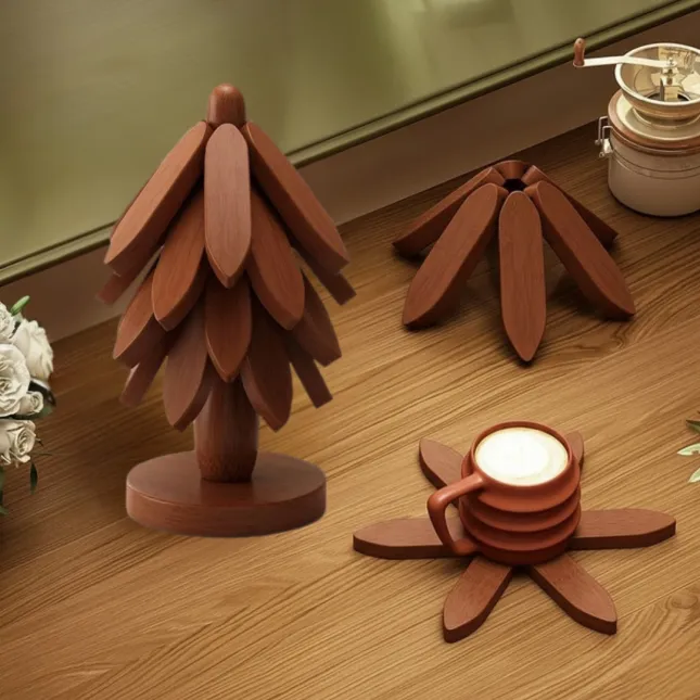 Tree-Shaped Solid Wood Heat Insulation Mat Set – Walnut Finish