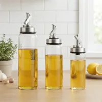 High Borosilicate Glass Oil Dispenser Bottle — Auto-Open Stainless Steel Spout with Measurement Scale 