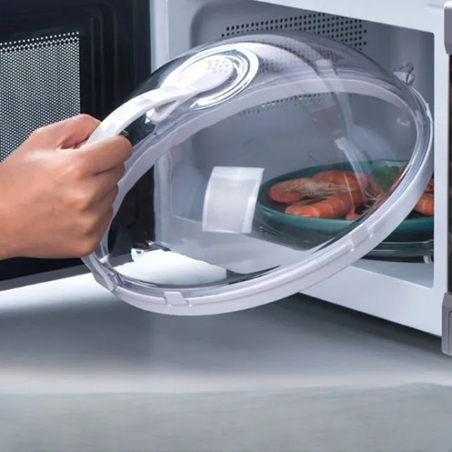 High-Temperature Resistant Microwave Splash-Proof Cover with Drain Sink – White/Clear