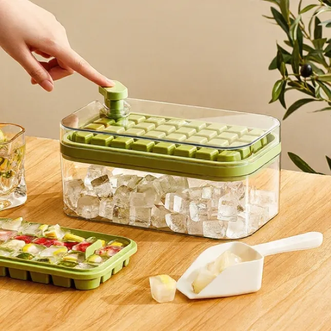 One-Press Easy Release Ice Cube Tray with Storage Bin & Scoop