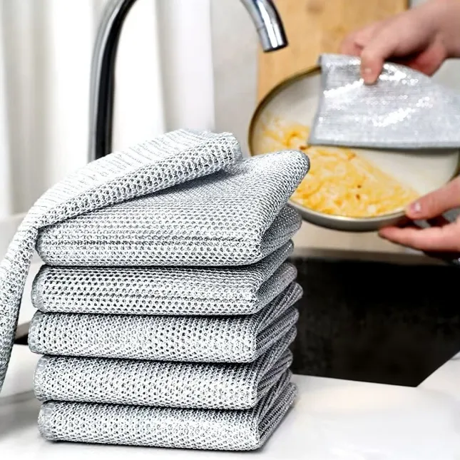 Wire Dishcloth Double Layer Metal Mesh Cleaning Cloth – Silver Wire Kitchen Scrubber