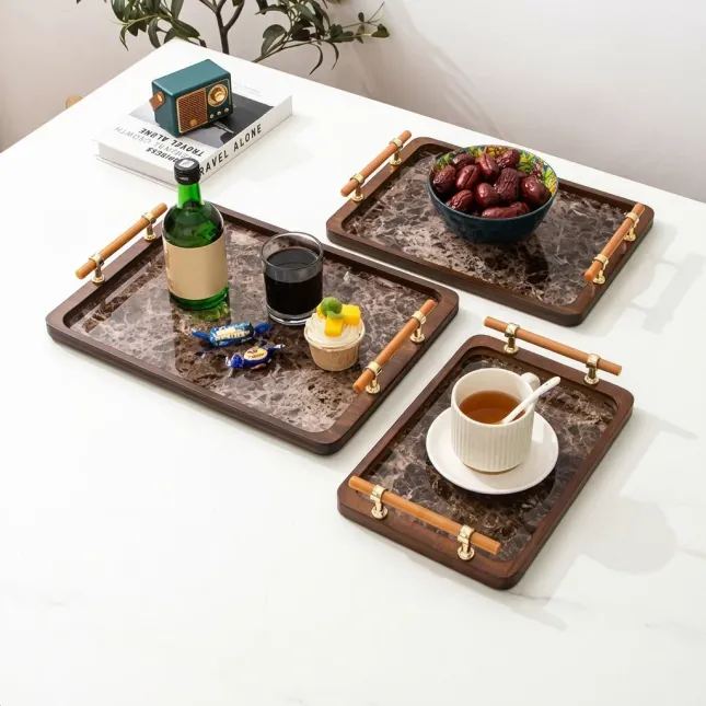 Marble Pattern Serving Tray with Handles – Bamboo & Stone-Plastic Board Rectangular Tea Tray, Water-Resistant