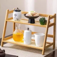 2-Tier Bamboo Storage Rack with Rattan Weave Shelf – Tea Set & Desktop Organizer