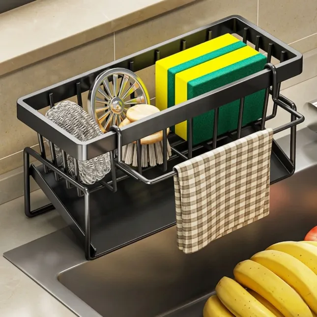 Kitchen Sink Side Organizer Rack with Towel Bar | Stainless Steel Drain Shelf