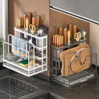 Multifunctional Kitchen Storage Rack with Knife Holder, Chopstick Tube & Chopping Board Stand