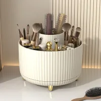 360° Rotating Makeup Brush & Cosmetic Organizer with Multi-Compartment Grid & Gold Feet