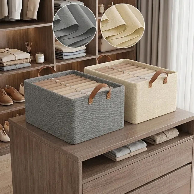Steel Frame Fabric Clothes Storage Basket with Leather Handles