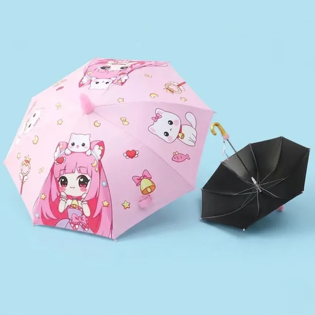 Children's Princess Meow Black Rubber UV & Rain Long Handle Semi-Automatic Umbrella with Waterproof Case | Ages 5–14