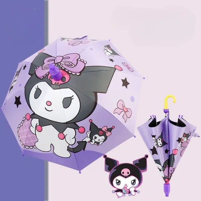 Children's Star Kuromi Black Rubber UV & Rain Long Handle Semi-Automatic Umbrella | Sanrio | Ages 4–15