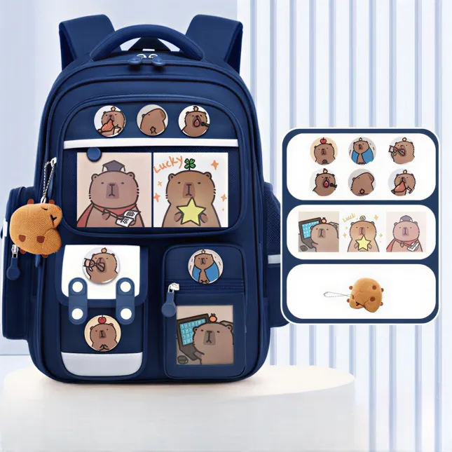 Sapphire Blue School Backpack – Capibara Theme