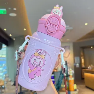 Kawaii Pink Labubu Monster Kids Water Bottle with Silicone Cover & Strap