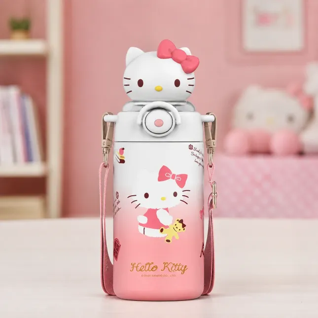 Sanrio Hello Kitty Stainless Steel Water Bottle with Strap – 3D Figure Cap Insulated Cup 600mL