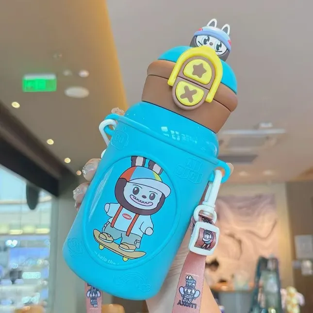 Trendy Blue Labubu Skater Kids Water Bottle with Silicone Cover & Strap