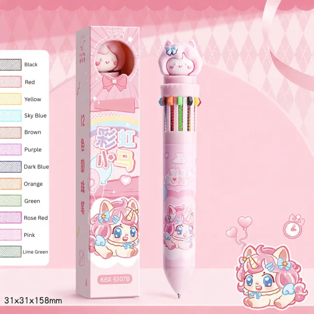12-Color Rainbow Pony Ballpoint Pen – Cute Multifunctional