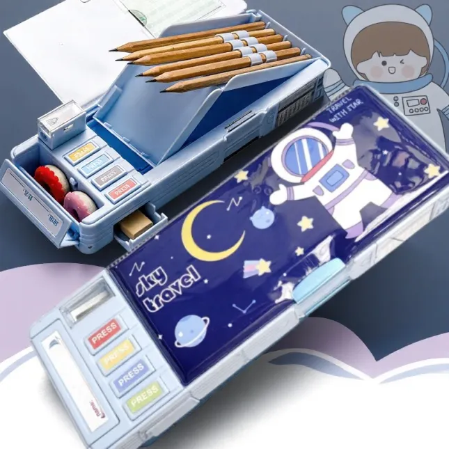 Double-Sided Multi-Function Button Pencil Box – Astronauts