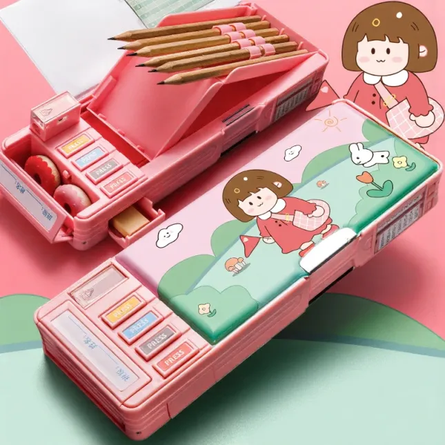Double-Sided Multi-Function Button Pencil Box – Cute Girl