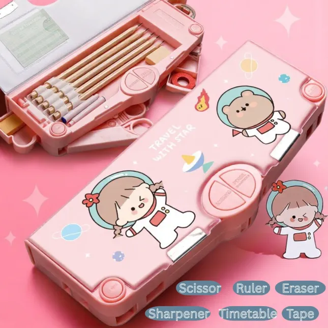 Single-Sided Multi-Function Button Pencil Box – Cute Girl