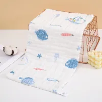 6-Layer Pure Cotton Muslin Baby Towel 25×50cm | Underwater World Ocean Print | Soft Absorbent Infant Wash Cloth