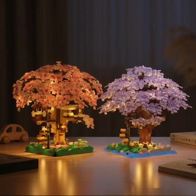 Cherry Blossom Tree House Mini Building Blocks with LED Light | Sakura Micro Brick Night Lamp