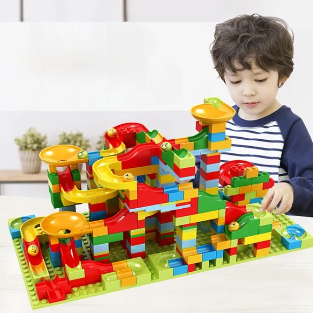 Marble Run Slide Building Block Set for Kids — Scene Building & Ball Track Construction Toy with Smiley Balls